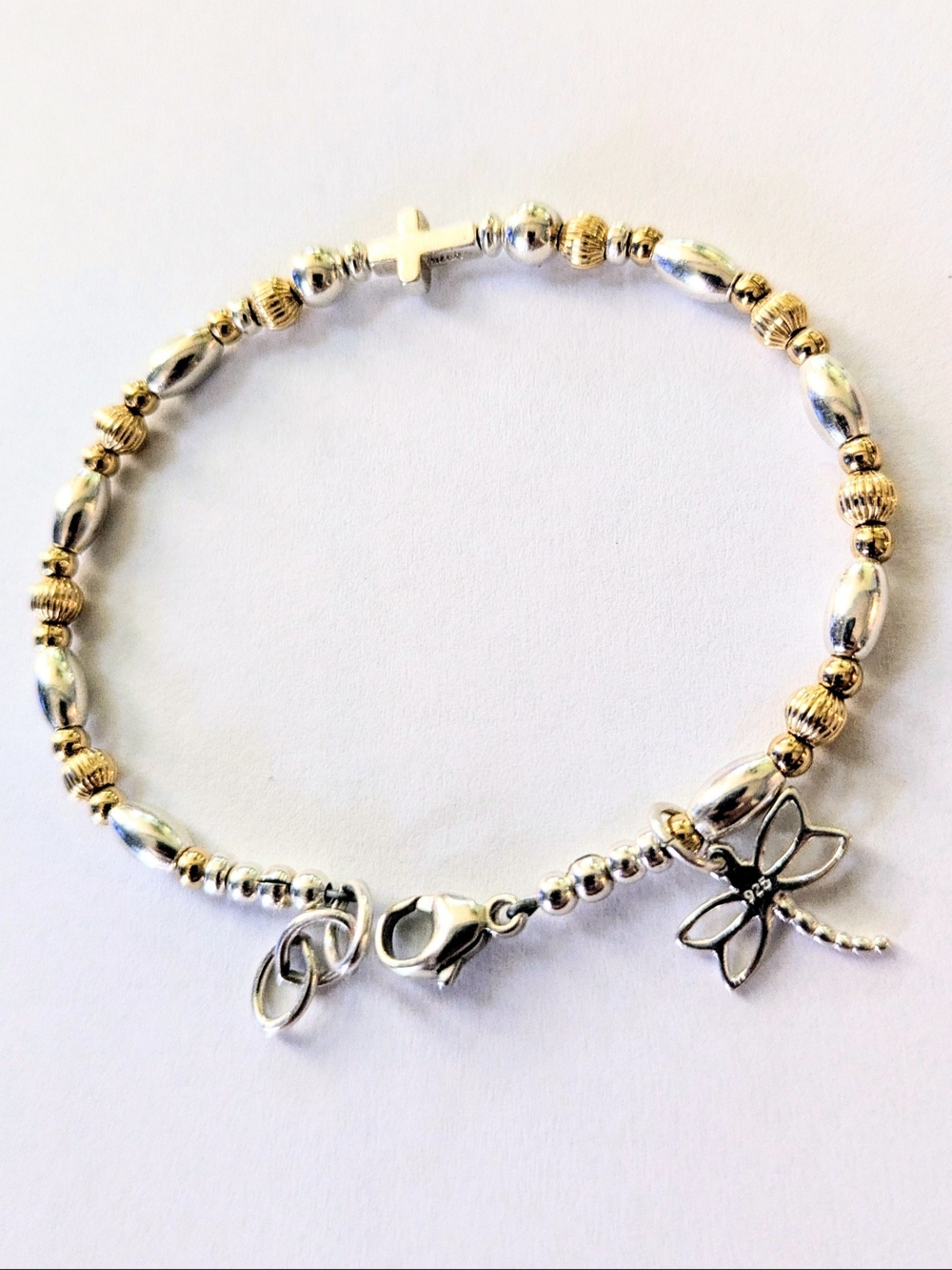 Sterling Silver & Gold Vermeil High Polish Cross Bracelet w/ Butterfly Dangle